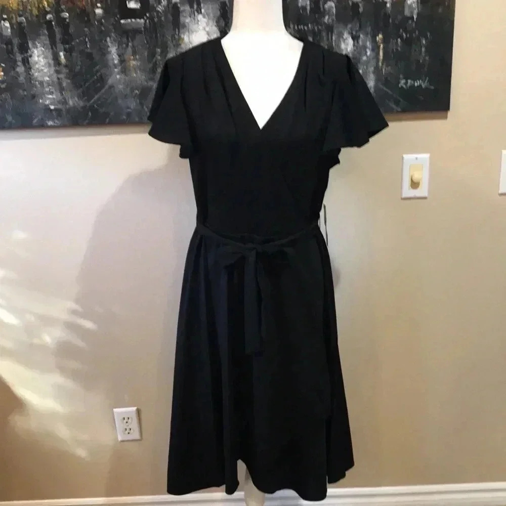 Shelby & Palmer Black Stretch Short Bell Sleeves Tie Front Faux Wrap Dress-12